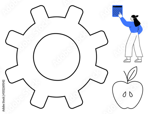 Gear symbolizing work or technology, a person with a calculator portraying calculation or analysis, and an apple representing health or education. Ideal for productivity, wellness, technology