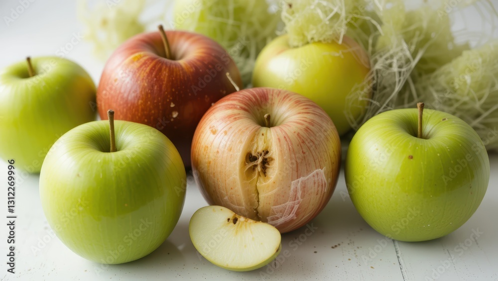 Variety of Fresh Green and Red Apples with One Slice Showing Inner Fruit and Natural Background Variety of Fresh Green and Red Apples with One Slice Showing Inner Fruit and Natural Background
