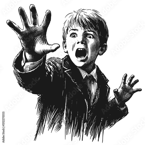 boy fear black and white line art drawing ink sketch nature landscape vector hand drawn illustration background distressed young boy with short, tousled hair shouts in apparent fear or surprise