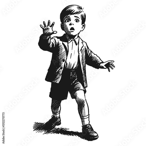 little boy fear black and white line art drawing ink sketch nature landscape vector hand drawn illustration background a young boy, seemingly scared or startled, wearing a blazer and shorts