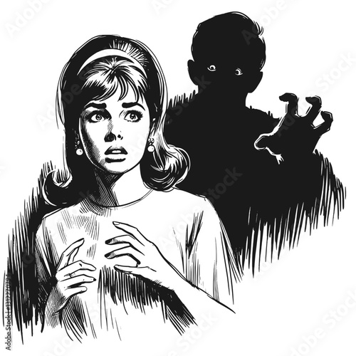 girl fear black and white line art drawing ink sketch nature landscape vector hand drawn illustration background scared expression, her hands clasped over her chest, facing a shadowy figure with wide