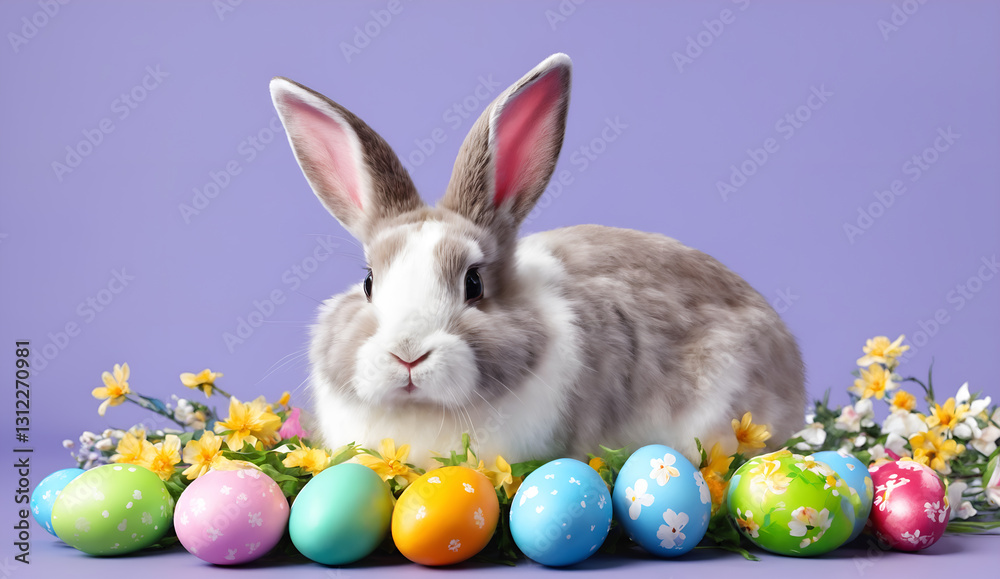 Happy easter. Painted eggs and rabbit on violet