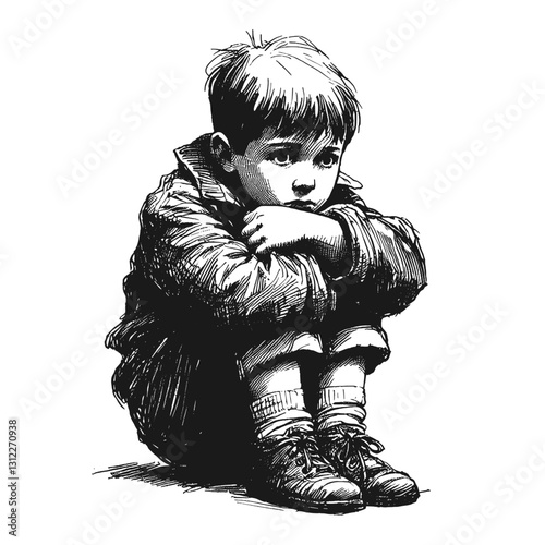 little boy fear black and white line art drawing ink sketch nature landscape vector hand drawn illustration background seated with his arms wrapped around his knees