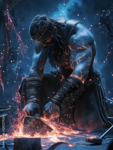 Titan's Forge: A powerfully built Titan blacksmith, bathed in an ethereal blue glow, meticulously works at his forge, sparks flying in a display of raw strength and craftsmanship. photo