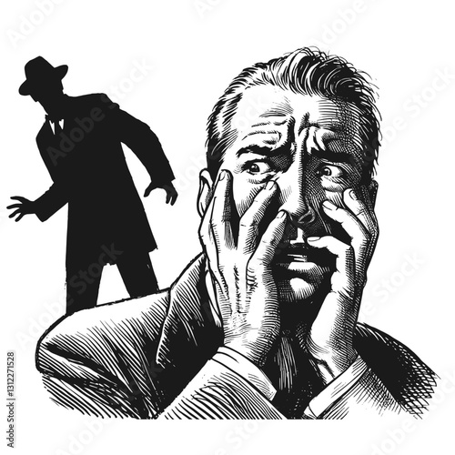 man fear black and white line art drawing ink sketch nature landscape vector hand drawn illustration background, beneath the surface of courage