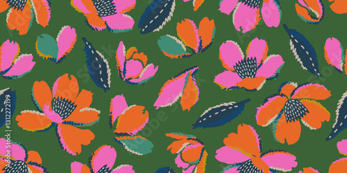 Exotic hand drawn flowers, seamless patterns with floral for fabric, textiles, clothing, wallpaper, wall art, cover, banner, home decor, abstract backgrounds.