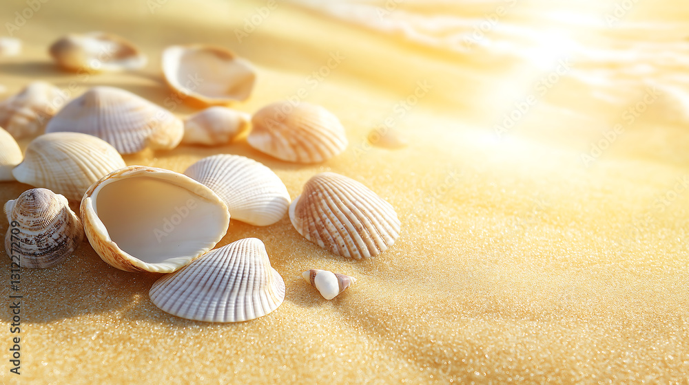 Close-up shot beautiful seashells scattered on beach sand. Close-up shot beautiful seashells scattered on beach sand.