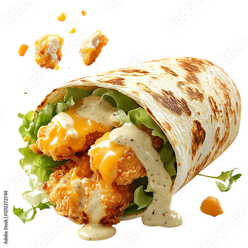 Crispy Fried Chicken Wrap with Cheese Lettuce and Radish Isolated on Transparent Background