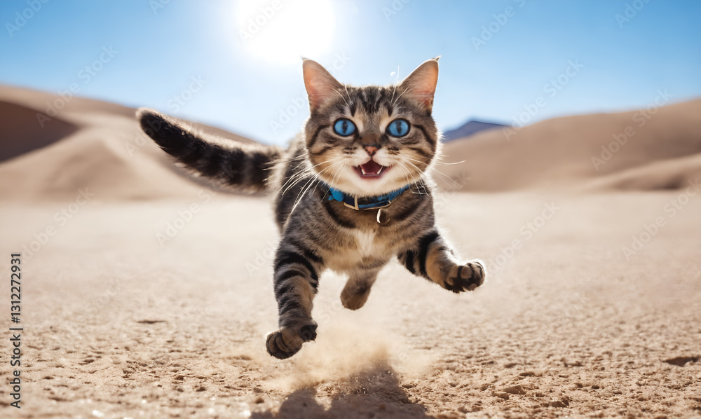 Funny cat playing on beach. Playful kitten jumping running. Animals