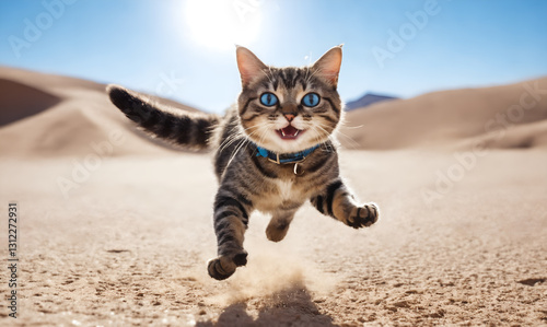 Obraz na płótnie Funny cat playing on beach. Playful kitten jumping running. Animals w salonie