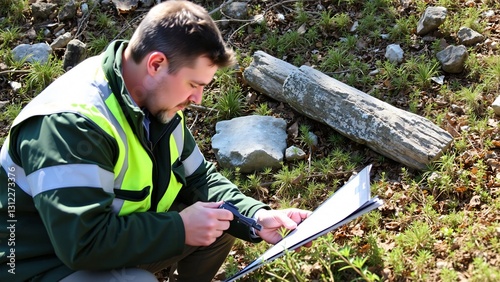 Archaeologist Examining Ancient Stone Relic at Dig Site