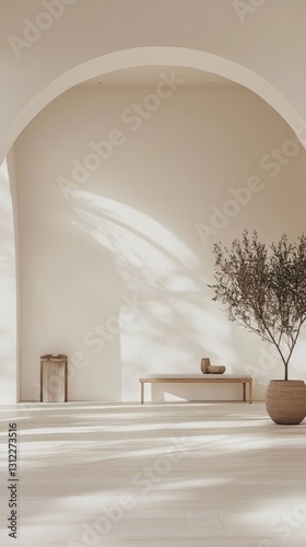 A white room with a large archway and a bench. A potted plant is in the corner
