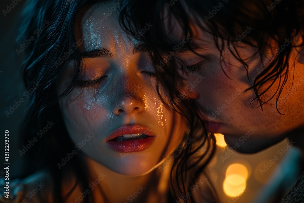 Intimate portrait of a young couple with wet hair, glitter makeup, and romantic lighting, creating a sensual and emotional atmosphere Intimate portrait of a young couple with wet hair, glitter makeup, and romantic lighting, creating a sensual and emotional atmosphere