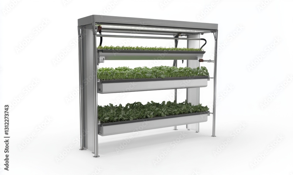 Indoor vertical farm with leafy greens growing under LED lights Indoor vertical farm with leafy greens growing under LED lights