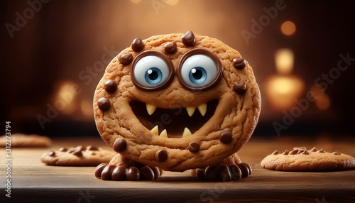 A cookie monster; a monster character made from a cookie with goggly eyes; a 3D animation of a creature cartoon as a cookie monster; funny and funky; chocolate chip cookie monster character