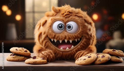 A cookie monster; a monster character made from a cookie with goggly eyes; a 3D animation of a creature cartoon as a cookie monster; funny and funky; chocolate chip cookie monster character