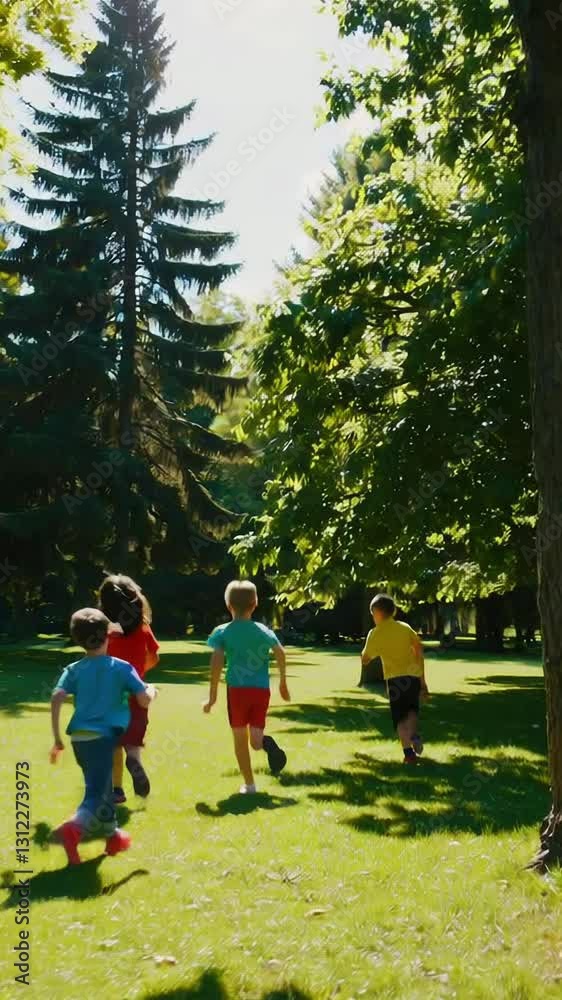 Joyful children playing and running in lush green park on a sunny day Joyful children playing and running in lush green park on a sunny day