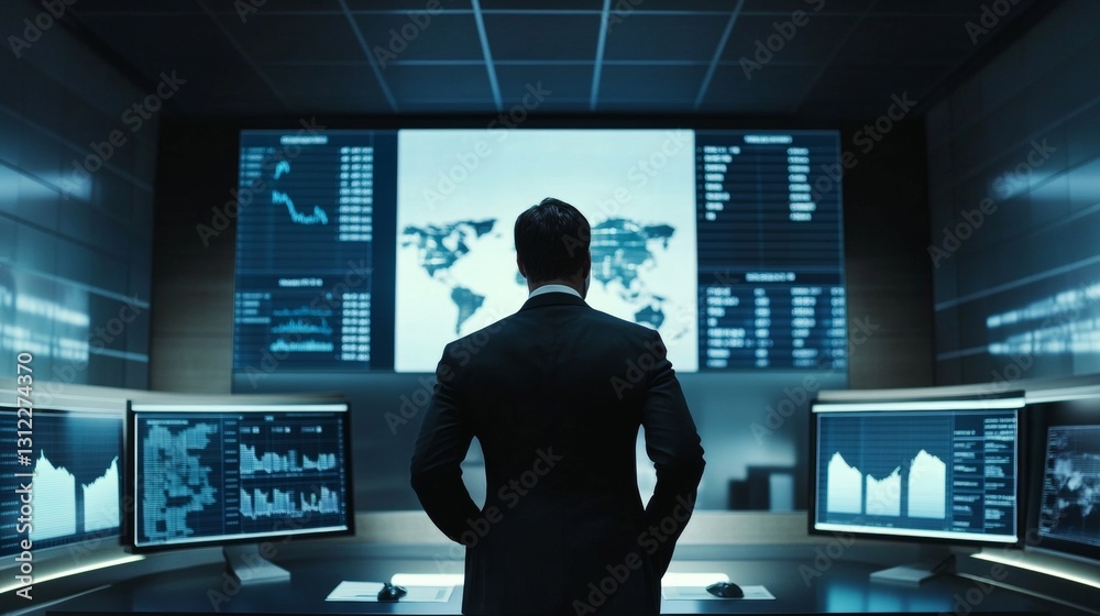 A man in a suit stands in front of a computer monitor with a map of the world on A man in a suit stands in front of a computer monitor with a map of the world on