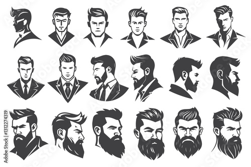  A diverse set of male head illustrations showcasing different hairstyles and beard styles. Perfect for barber shops, fashion brands, and personal grooming advertisements.
