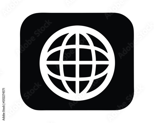 Globe Internet Icon,Web Browser Symbol,Black and White Vector Illustration