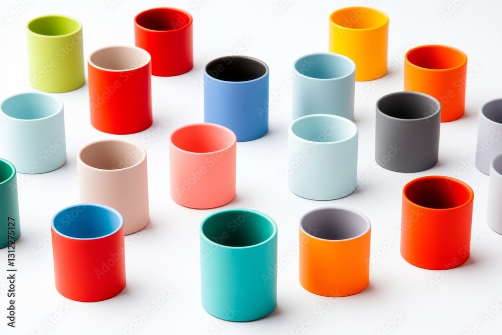 Colorful ceramic cups arranged in a vibrant display on a white background Colorful ceramic cups arranged in a vibrant display on a white background