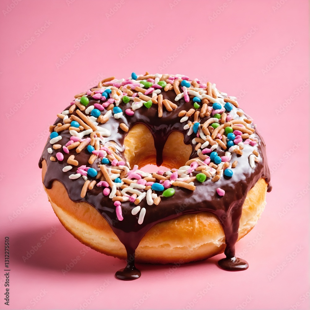 Tasty donut dessert with chocolate glossy glaze and sprinkles, on pink
