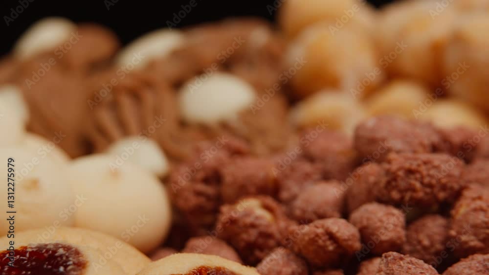 4k Close-up Macro de bandeja de biscoitos amanteigados e petit four com movimento