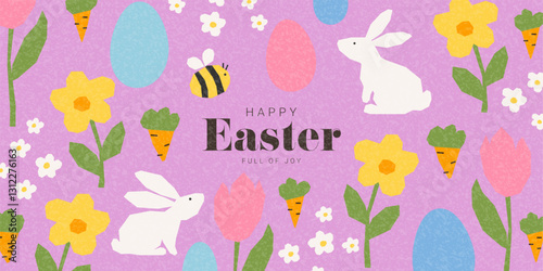 Happy Easter banner template. Creative Easter vector card with hand drawn bunnies, eggs, spring flowers, carrots, cute bee. Holiday banner for design of party, branding, cover, card, sale, event.