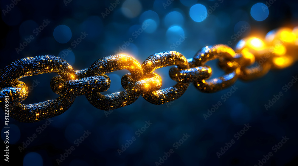 Glowing Gold Glitter Chain Links on Dark Blue Background Glowing Gold Glitter Chain Links on Dark Blue Background