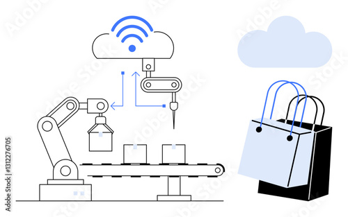 Robotic arm connected to cloud network packs boxes on conveyor belt, with shopping bags nearby. Ideal for automation, e-commerce, efficiency, smart manufacturing, cloud technology, logistics