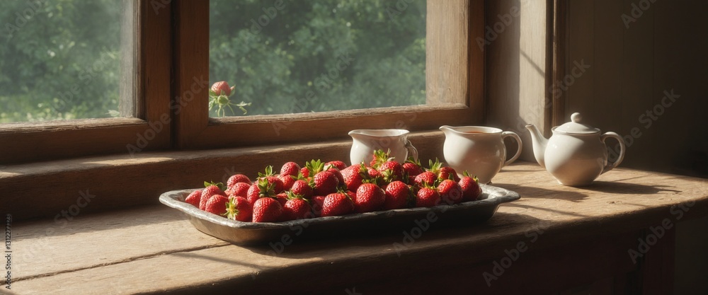 Cosy rustic kitchen interior with strawberry fruits on old wooden table.