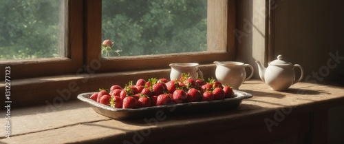 Obraz na płótnie Cosy rustic kitchen interior with strawberry fruits on old wooden table. w salonie