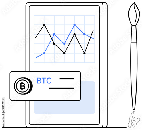 Smartphone screen showing financial graph and bitcoin card, paired with a brush. Ideal for cryptocurrency, finance, data tracking, creativity, fintech, mobile apps, digital investment flat simple