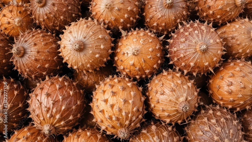 Closeup of Spiky Brown Fruit Piled Together Displaying Rich Organic Textures and Natural Patterns Closeup of Spiky Brown Fruit Piled Together Displaying Rich Organic Textures and Natural Patterns