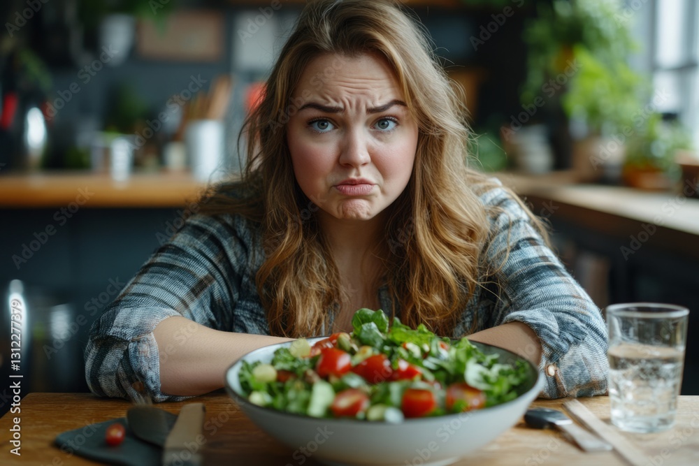 Plus size woman looking with disgust at a bowl of healthy vegetable salad, diet and nutrition concept Plus size woman looking with disgust at a bowl of healthy vegetable salad, diet and nutrition concept