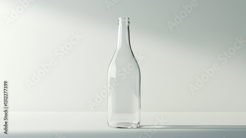 A clear glass bottle is sitting on a table. The bottle is empty and has a clear glass top