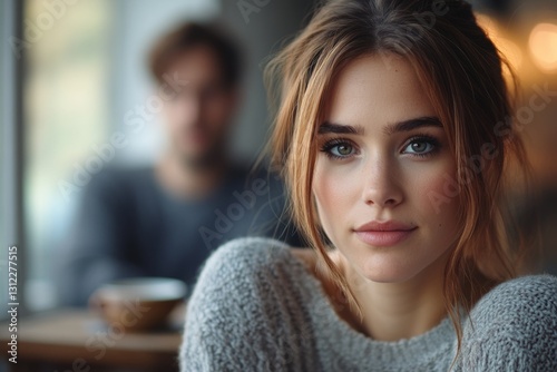 Portrait of a beautiful young woman with light brown hair and green eyes wearing a grey sweater in a coffee shop, with a blurred man sitting in the background