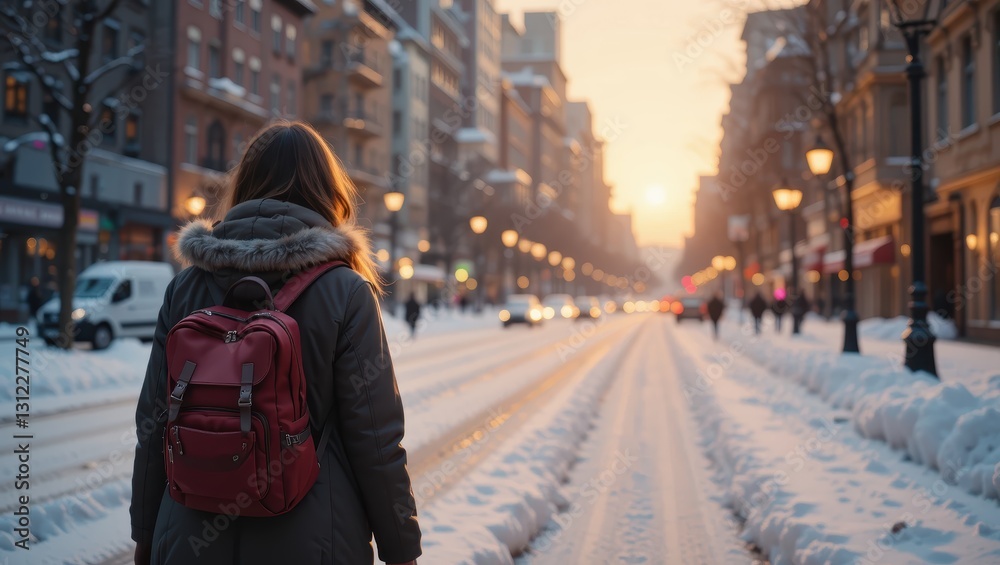 Young Woman With Backpack Walking Through Snowy City Street at Sunset in Winter Young Woman With Backpack Walking Through Snowy City Street at Sunset in Winter