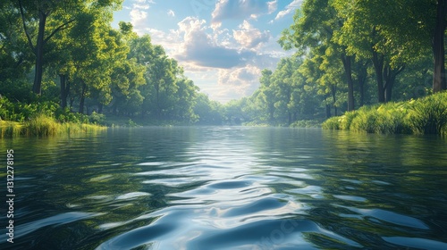 A calm river surrounded by trees under a cloudy blue sky