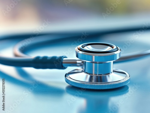 Close-up view of a medical stethoscope on a reflective surface in a clinical setting