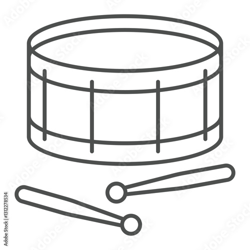 Snare drum and sticks thin icon, music instruments concept. Vector graphics. Drums sign on white background, outline style icon for mobile or web design.