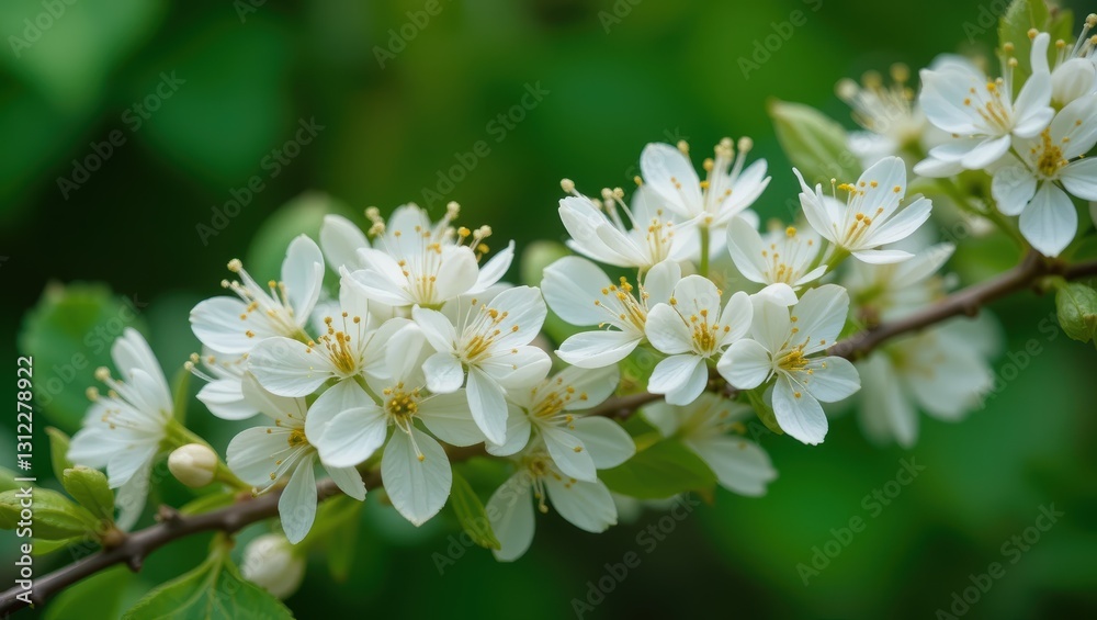 Delicate White Blossoms on a Branch Against a Lush Green Background in Spring Delicate White Blossoms on a Branch Against a Lush Green Background in Spring