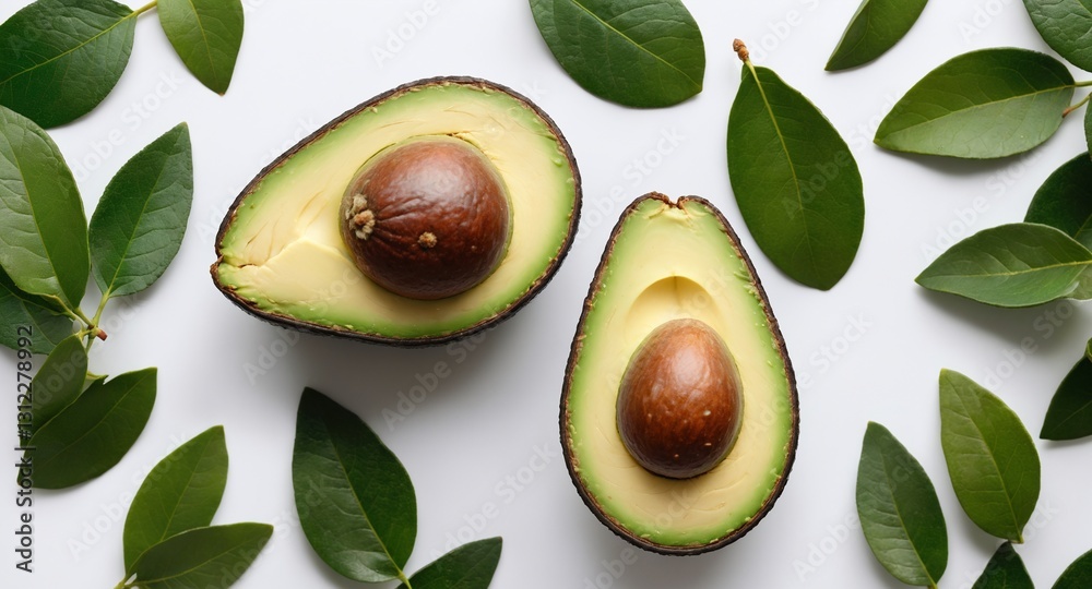 Fresh avocado fruits with green leaves on white background. Top view, flat lay. Eating healthy fats. Generative AI