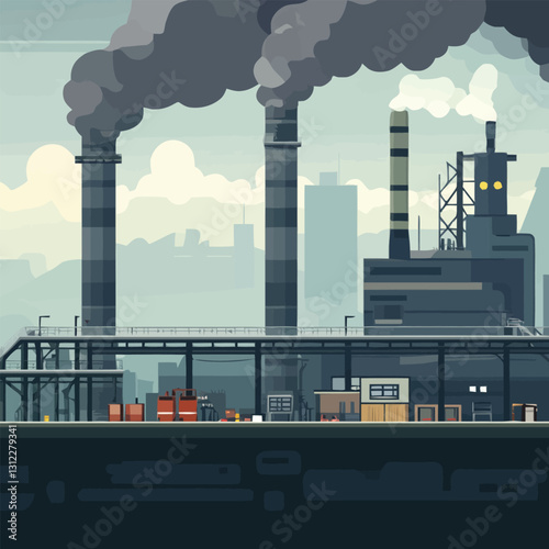 A flat 2D vector of an industrial factory with chimneys releasing smoke.