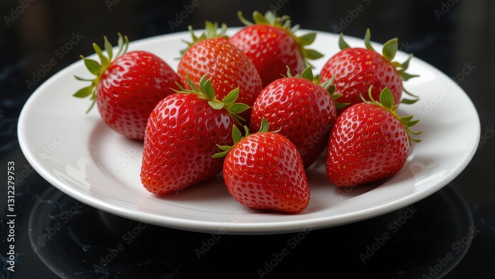 Fresh Ripe Strawberries Arranged on a White Plate Against a Dark Background Fresh Ripe Strawberries Arranged on a White Plate Against a Dark Background