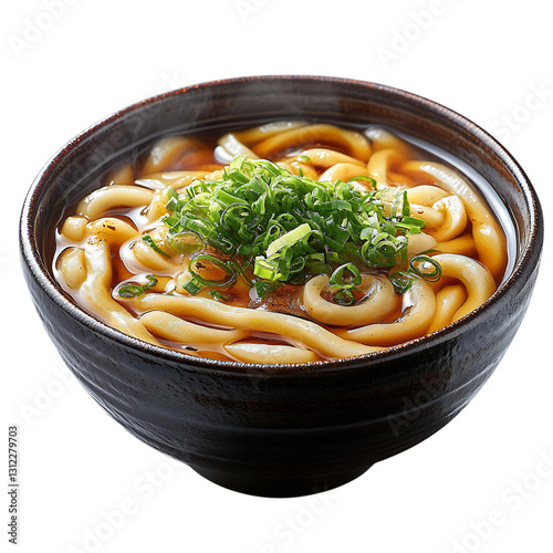 A Bowl of Japanese Udon Thick Wheat Noodles Served with Soup and Vegetables Isolated on Transparent Background
