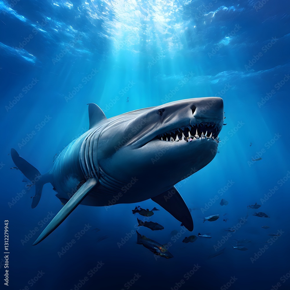Fototapeta premium A large shark swims through deep blue ocean waters, surrounded by fish and light from sunlight filtering through the surface.