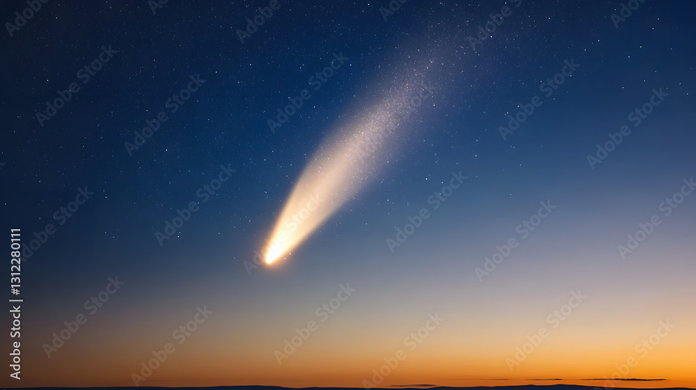 Brilliant comet streaking across the night sky with a glowing tail, illuminating the cosmic landscape against a backdrop of distant stars and deep space.
Brilliant comet streaking across the night sky with a glowing tail, illuminating the cosmic landscape against a backdrop of distant stars and deep space.