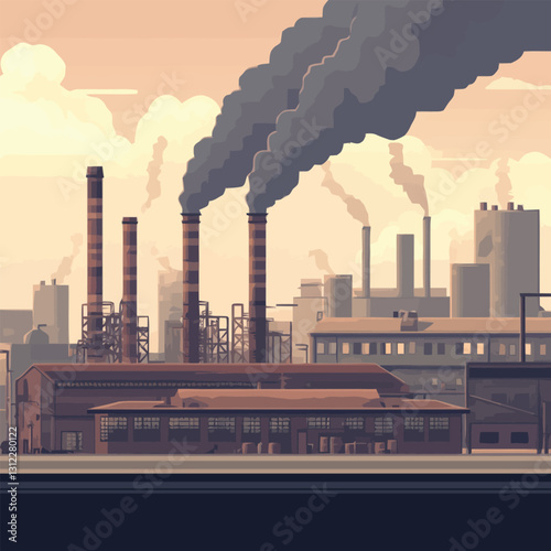 A flat 2D vector of an industrial factory with chimneys releasing smoke.
