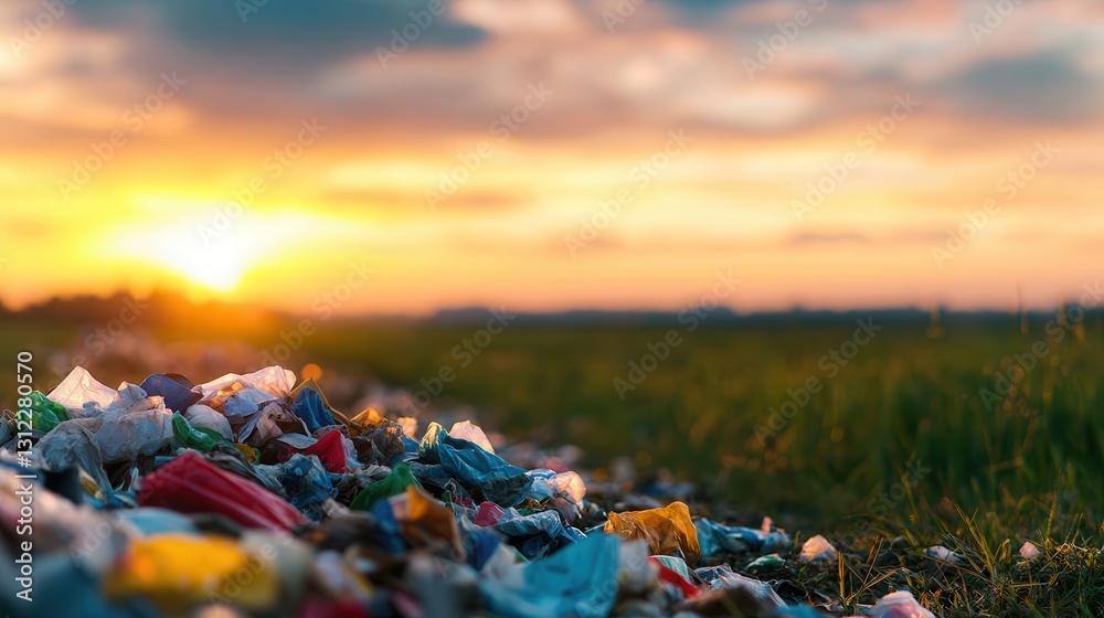 Fototapeta premium Littered Landscape at Sunset with Plastic Waste in Focus